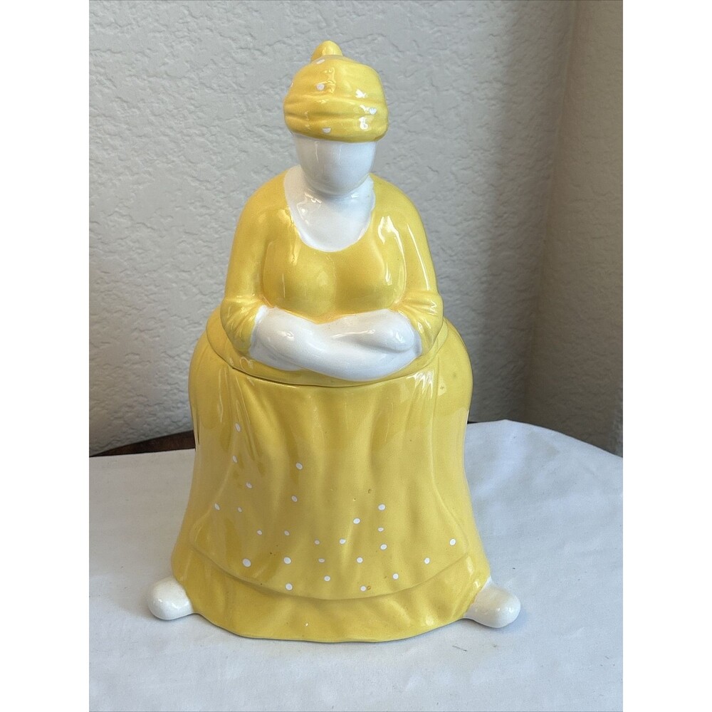 Dept 56 Peasant People Vintage Ceramic Cookie Jar Yellow Polka Dot Dress RARE